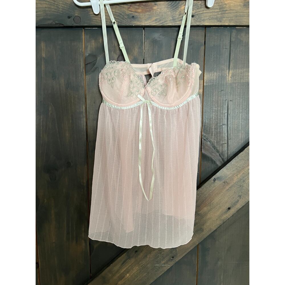 Vintage Flora Lingerie Womens Med Pink White Sleepwear NIghtie Sheer Babydoll